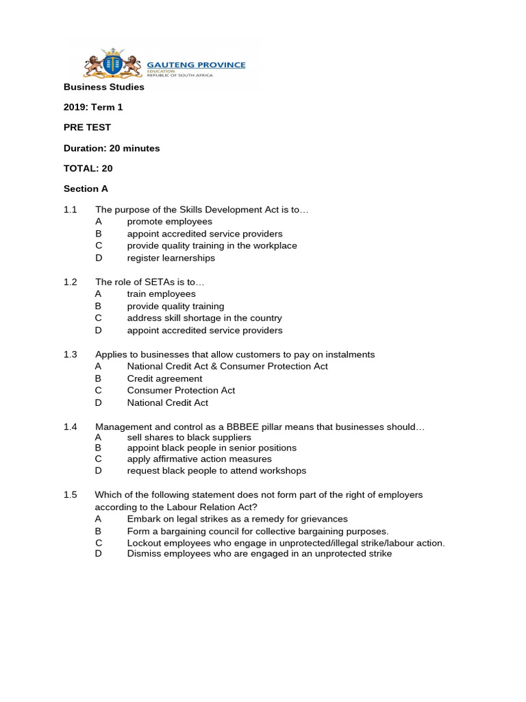 Business Studies Post Test Term 1 Session 1 - 2 | PDF | Employment ...