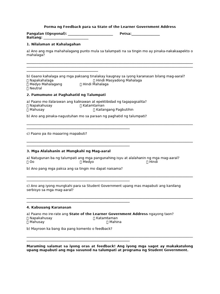 State of The Learner Government Address Student Feedback Form | PDF