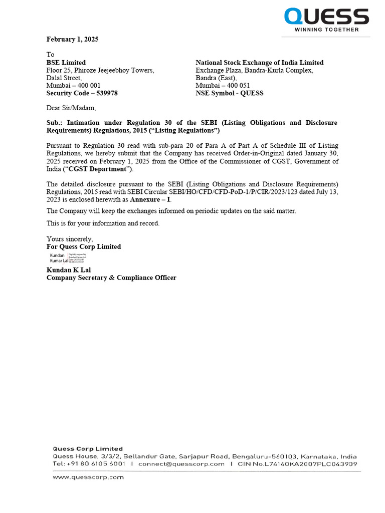 Quess Corp CGST Order Disclosure | PDF | Government