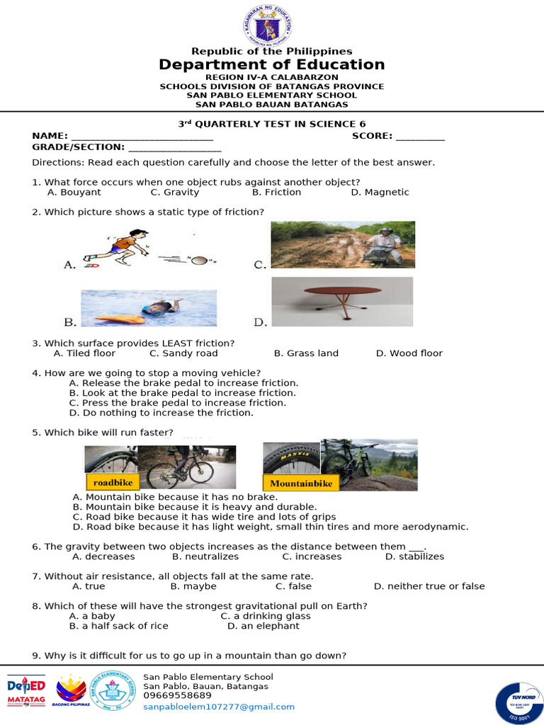 Science Test for Grade 6 Students | PDF | Machines | Lever