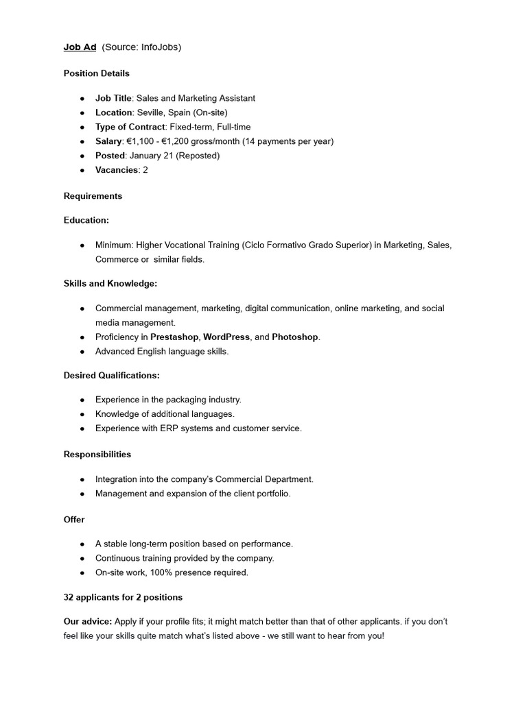 Sales and Marketing Assistant Job in Seville | PDF