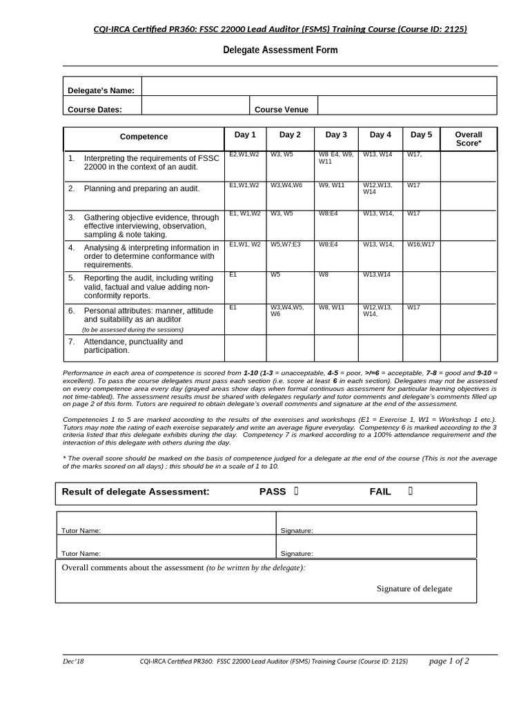 3.03 PR 360 FSSC 22000 LA-Delegate Assessment FORM | PDF
