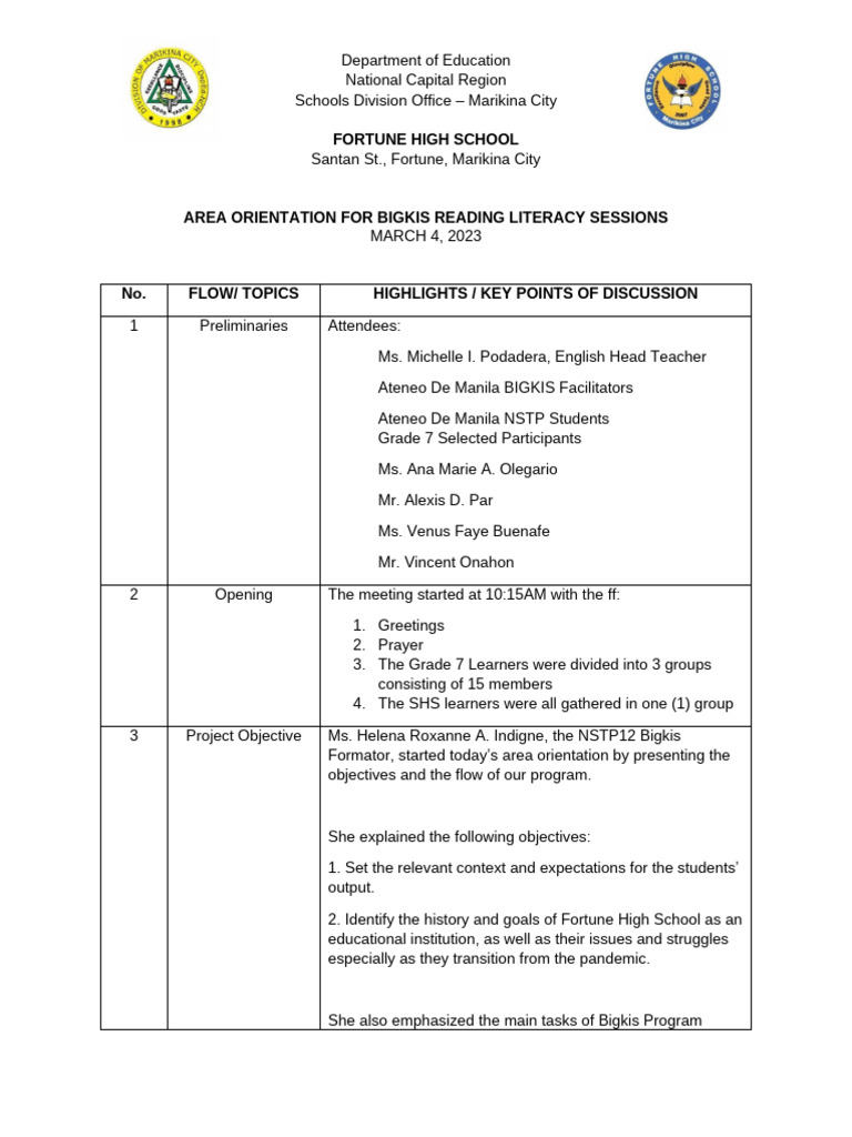 March 4, 2023 BIGKIS Area Orientation | PDF | Learning | Cognition