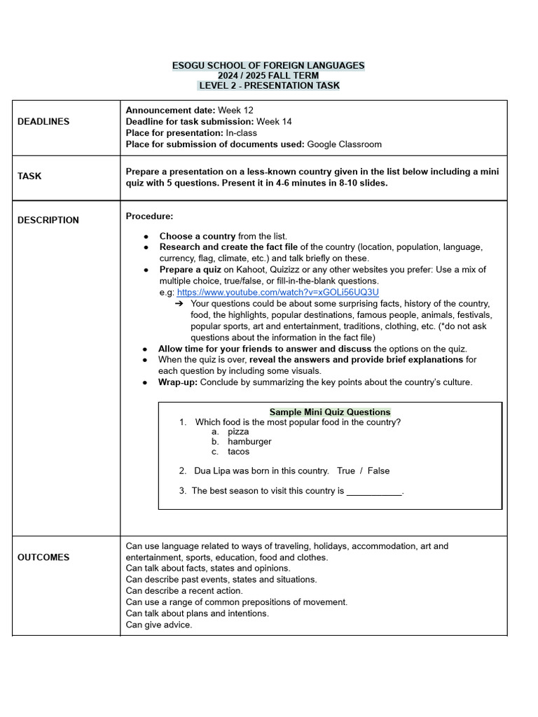 Level 2 Presentation Task Guidelines | PDF | Adjective | Grammatical Tense