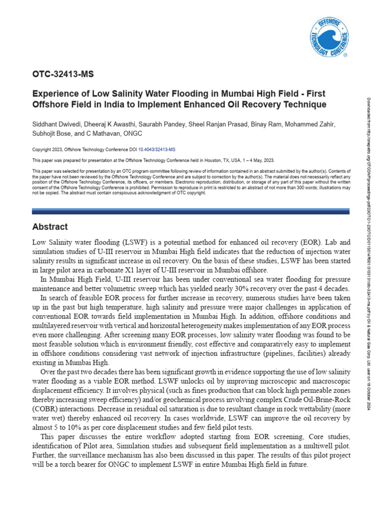 Low Salinity Water Flooding in Mumbai High | PDF | Enhanced Oil ...