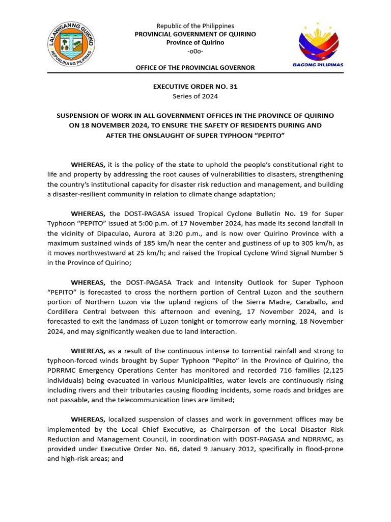Quirino Gov't Work Suspension 2024 | PDF | Tropical Cyclones | Meteorology
