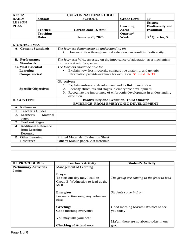 Grade 10 Science Lesson Plan: Evolution | PDF | Embryo | Reproduction