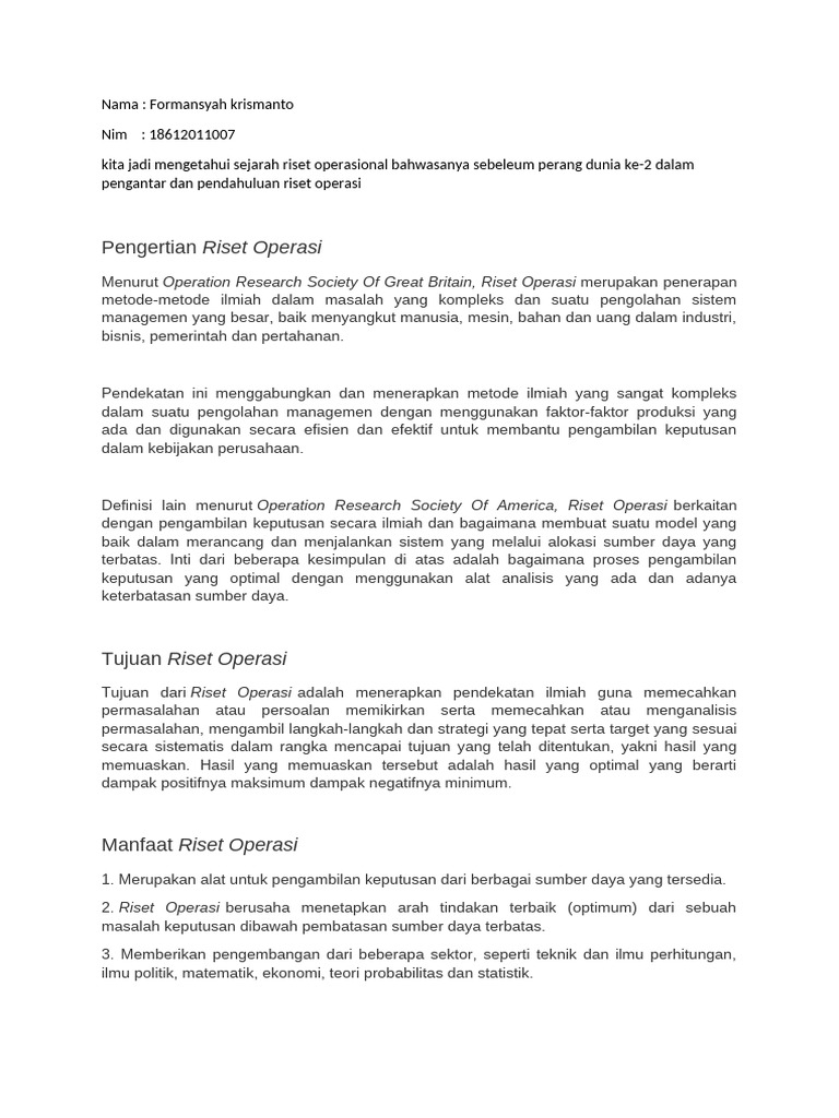 Sejarah dan Manfaat Riset Operasi | PDF