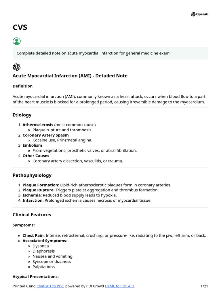 Acute Myocardial Infarction (AMI) - Detailed Note: Definition | PDF ...