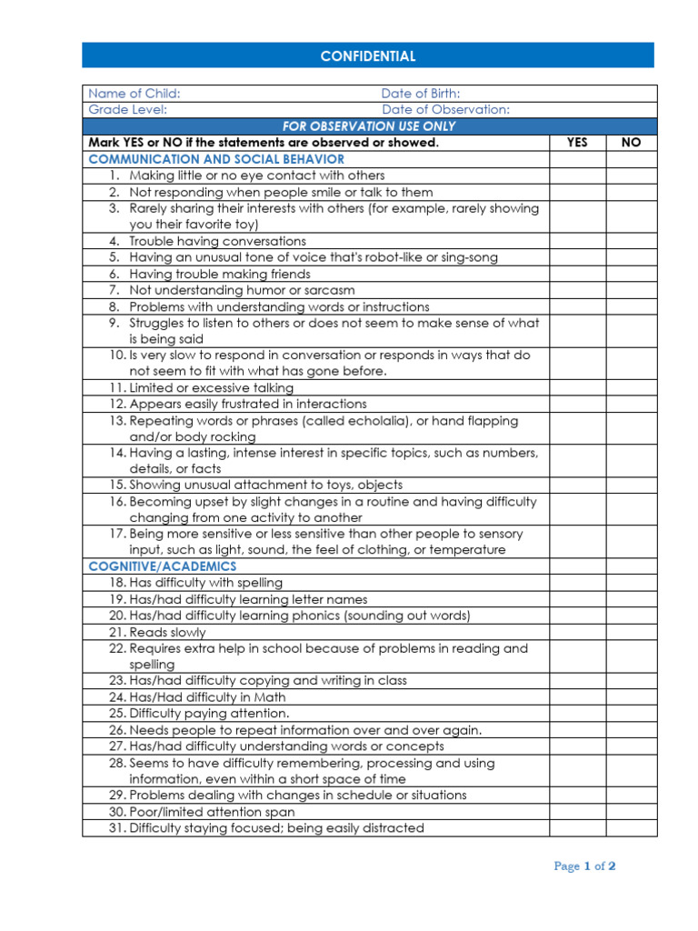 Child Behavior Observation Checklist | PDF | Psychological Concepts ...
