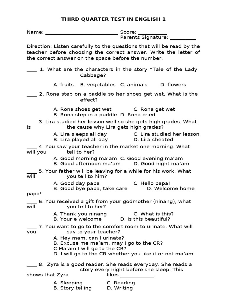 Third Quarter Test in English 1 With Key Answer | PDF