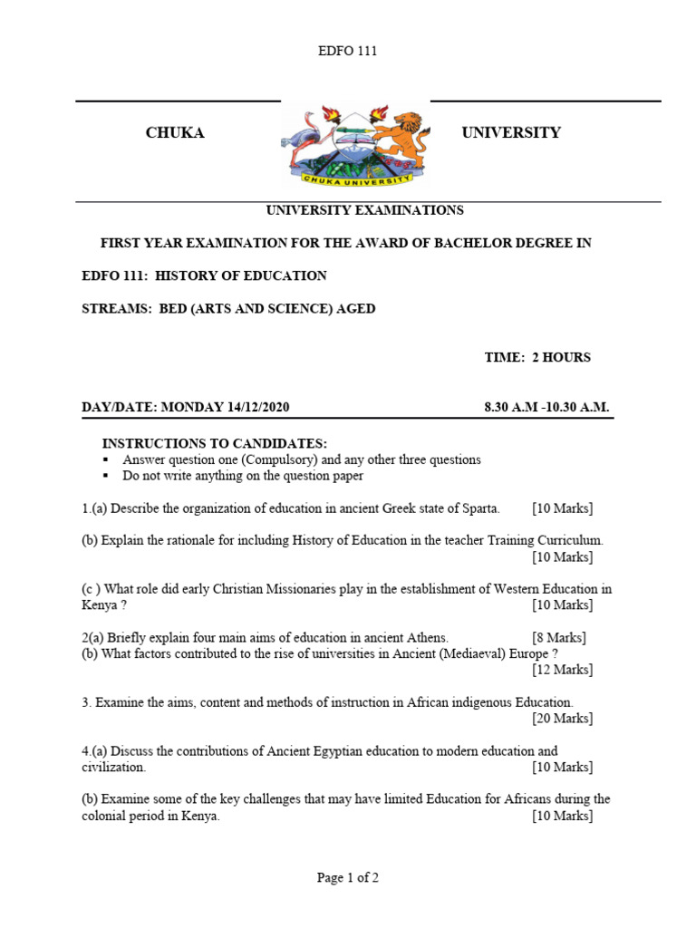 History of Education Exam - EDFO 111 | PDF