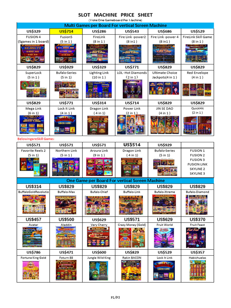 Slot Machine Price Sheet: US$329 US$714 US$286 US$543 US$686 US$529 | PDF