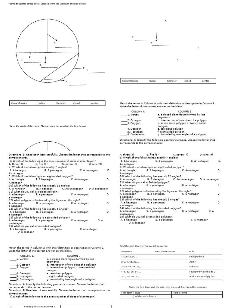 Parts of a Circle and Polygon Quiz | PDF | Polygon | Circle