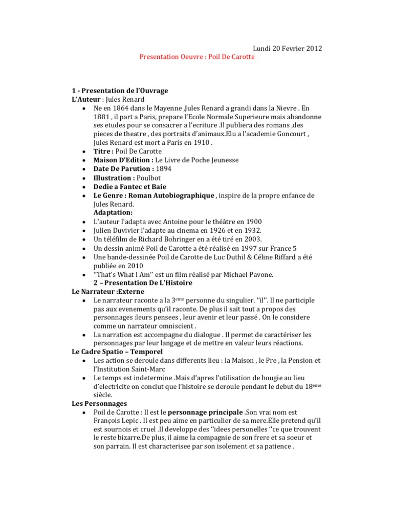 Résumé Poil De Carotte Par Chapitre