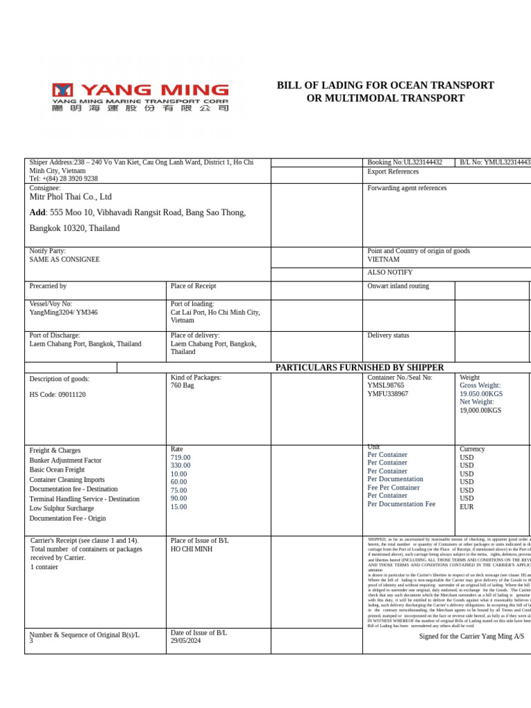 BILL OF LADING hoàn chỉnh | PDF | Bill Of Lading | Cargo