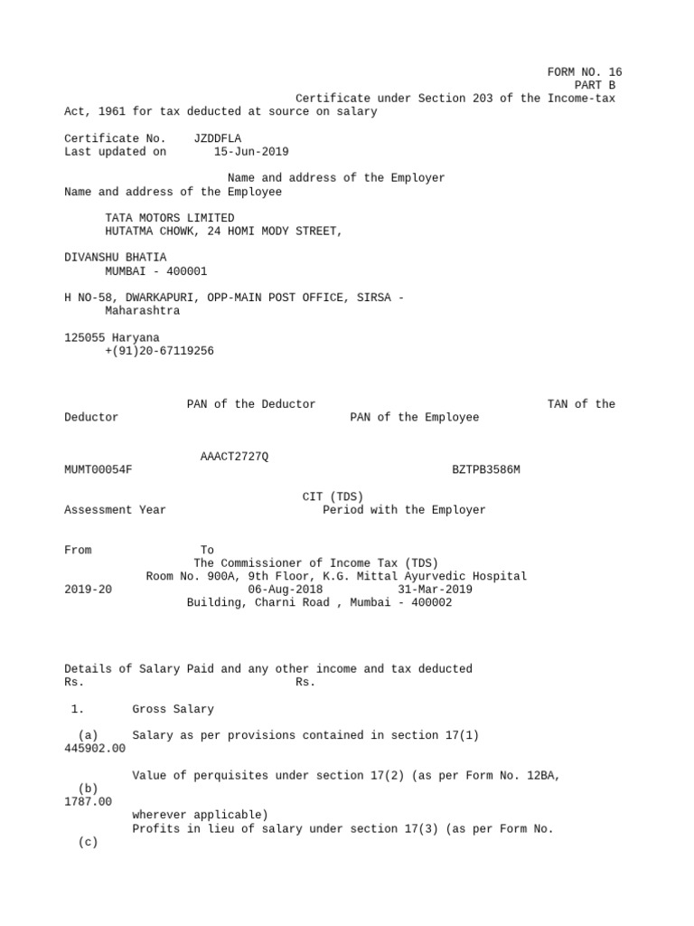 Form 16 Part B | PDF | Tax Deduction | Pension