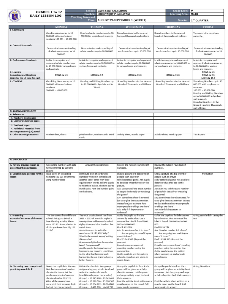Grade 5 Math Lesson Plan: Numbers | PDF | Cognition | Behavior Modification