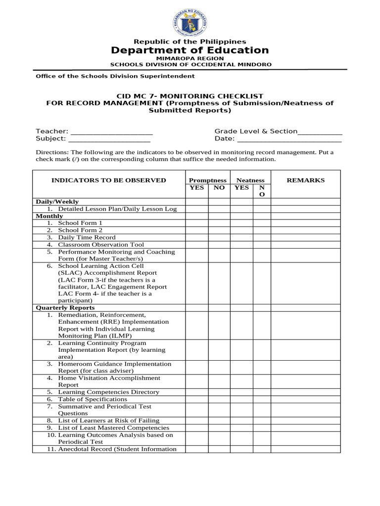 Record Management Monitoring Checklist | PDF | Intelligence | Behavior ...