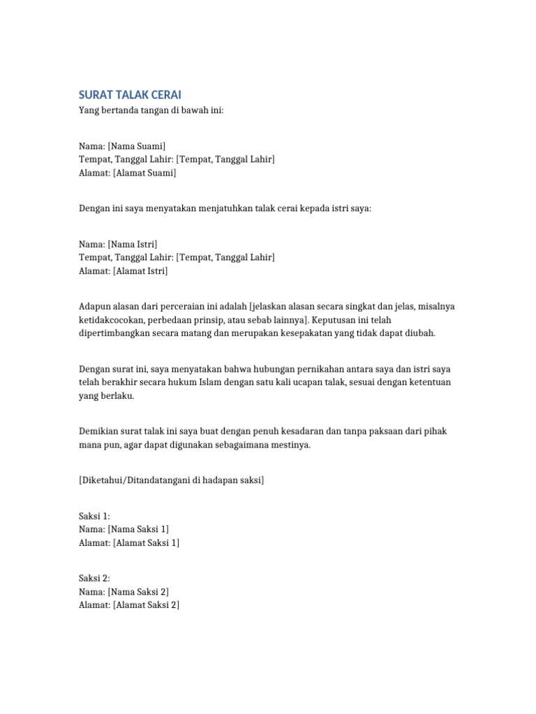 Contoh Surat Talak Cerai Tertulis | PDF