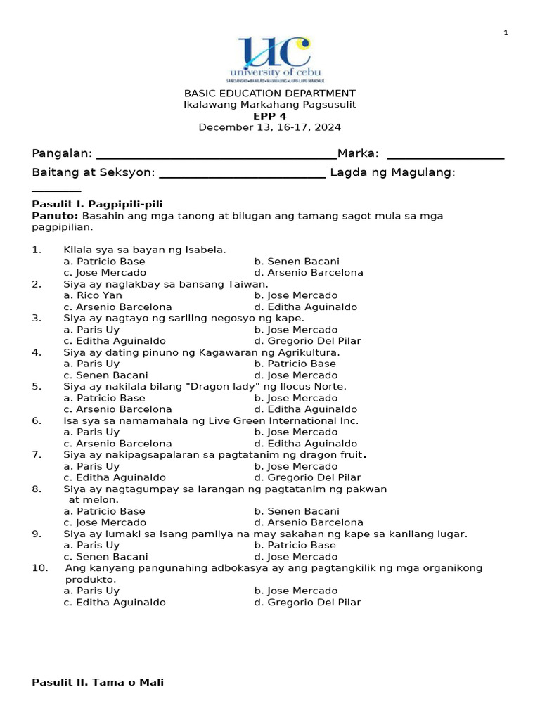 EPP 4 - Q2 Periodical Test | PDF