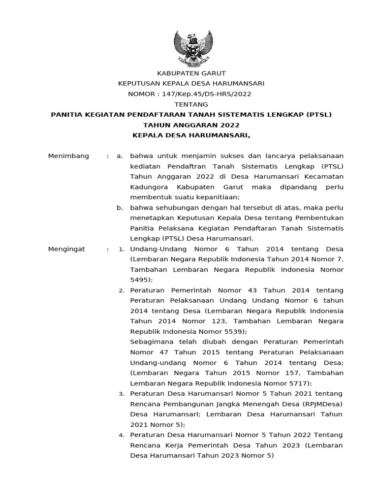 Pembentukan Panitia PTSL Desa Harumansari | PDF
