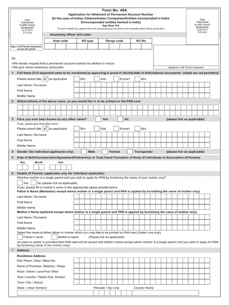 PAN CARD Application Form49a | PDF