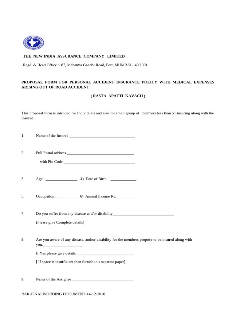 Personal Accident Insurance Proposal Form | PDF | Insurance | Private Law