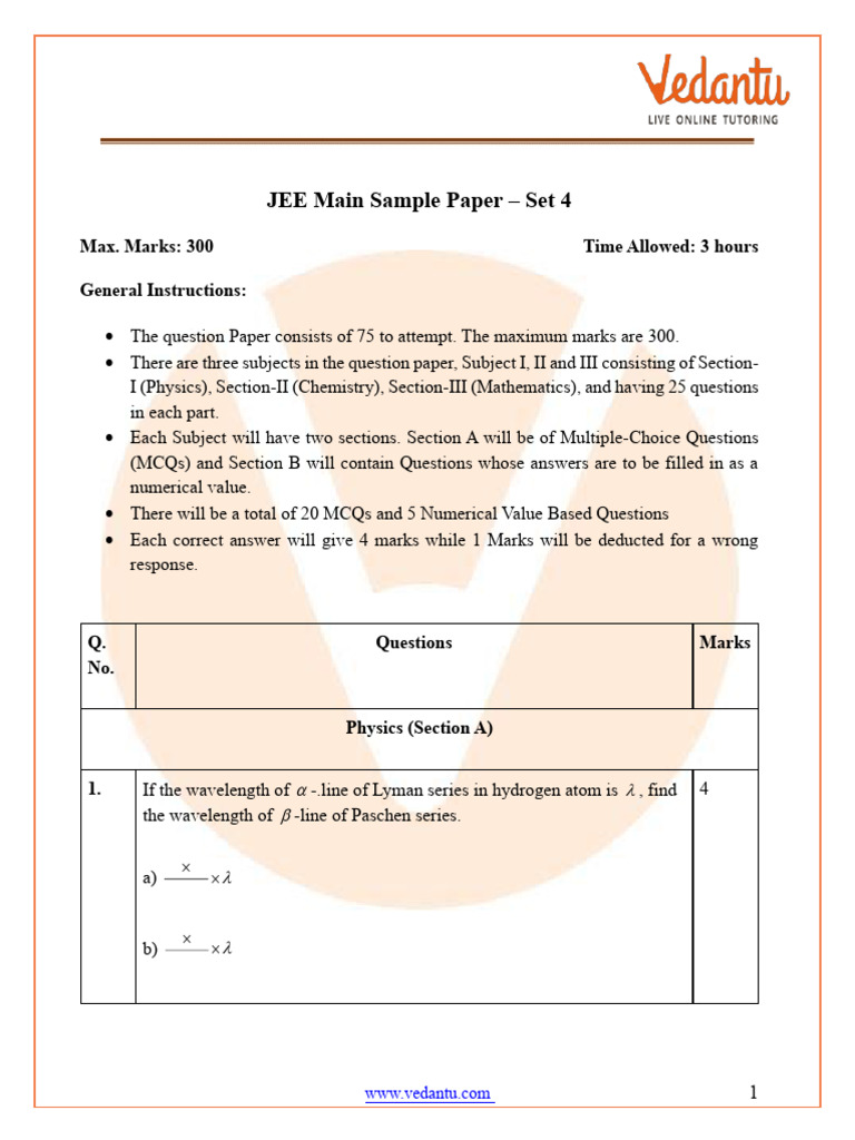JEE Mains 2025 Sample Paper April | PDF | Wavelength | Ethanol