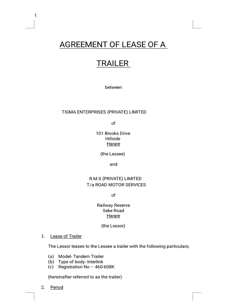 Trailer Lease Agreement Template | PDF | Lease | Civil Law (Common Law)