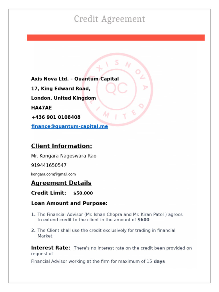 Credit Agreement for Trading Services | PDF | Credit | Finance & Money ...