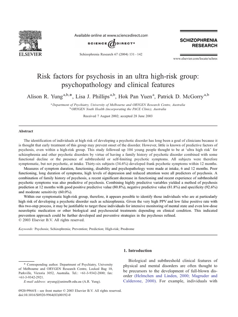 Risk Factors for Psychosis in an Ultra High-risk Group Yung2004 | PDF ...