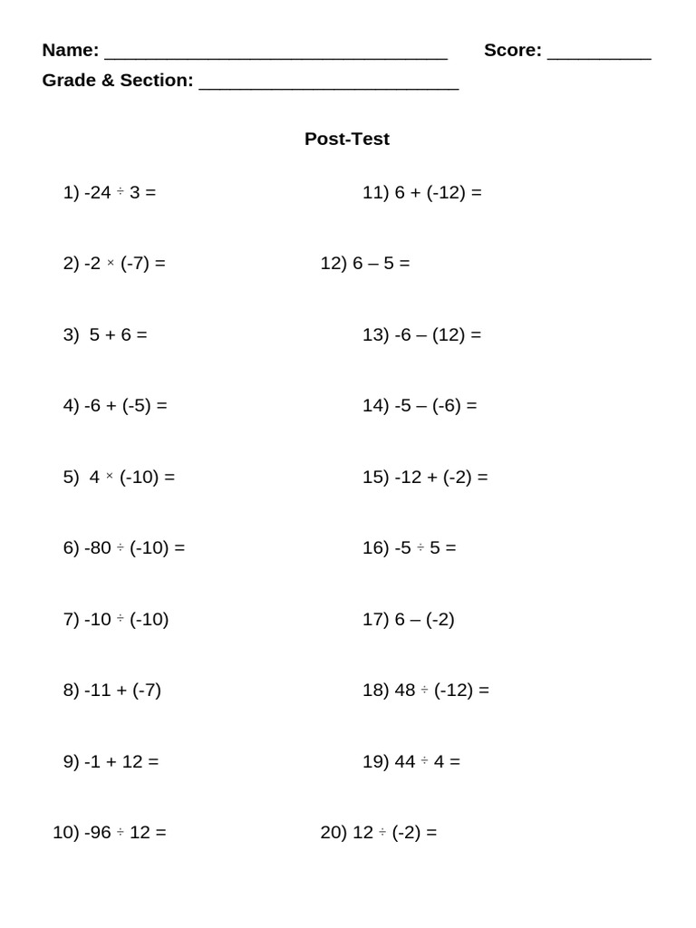 Math Post-Test for Grades | PDF
