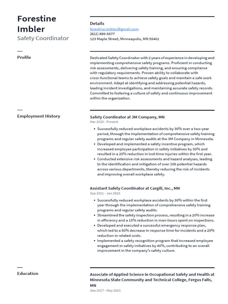 Safety Coordinator Resume - Forestine Imbler | PDF | Occupational ...