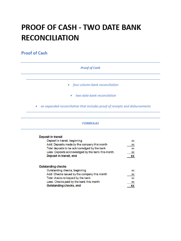 Proof of Cash Two Date Bank Reconciliation PDF Financial Services
