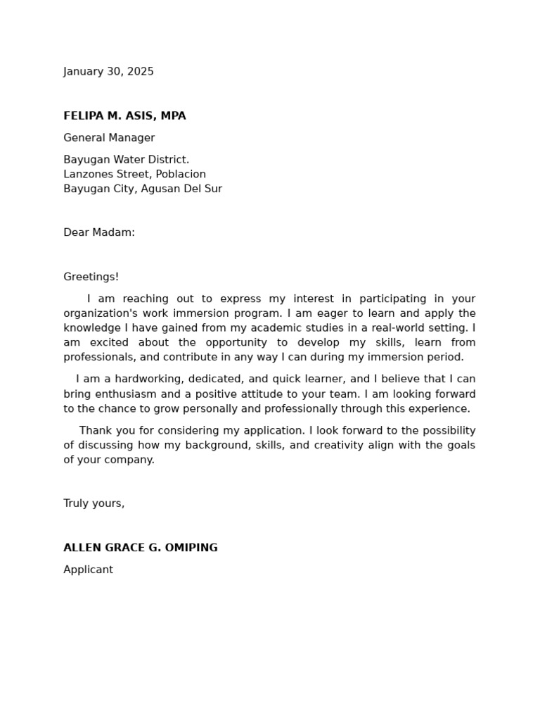 Application for Work Immersion Program | PDF