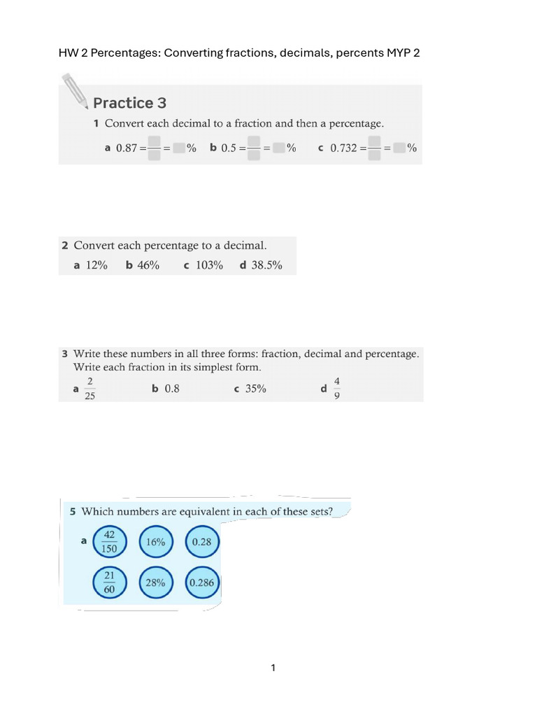 Percentages: Fractions, Decimals, MYP 2 | PDF