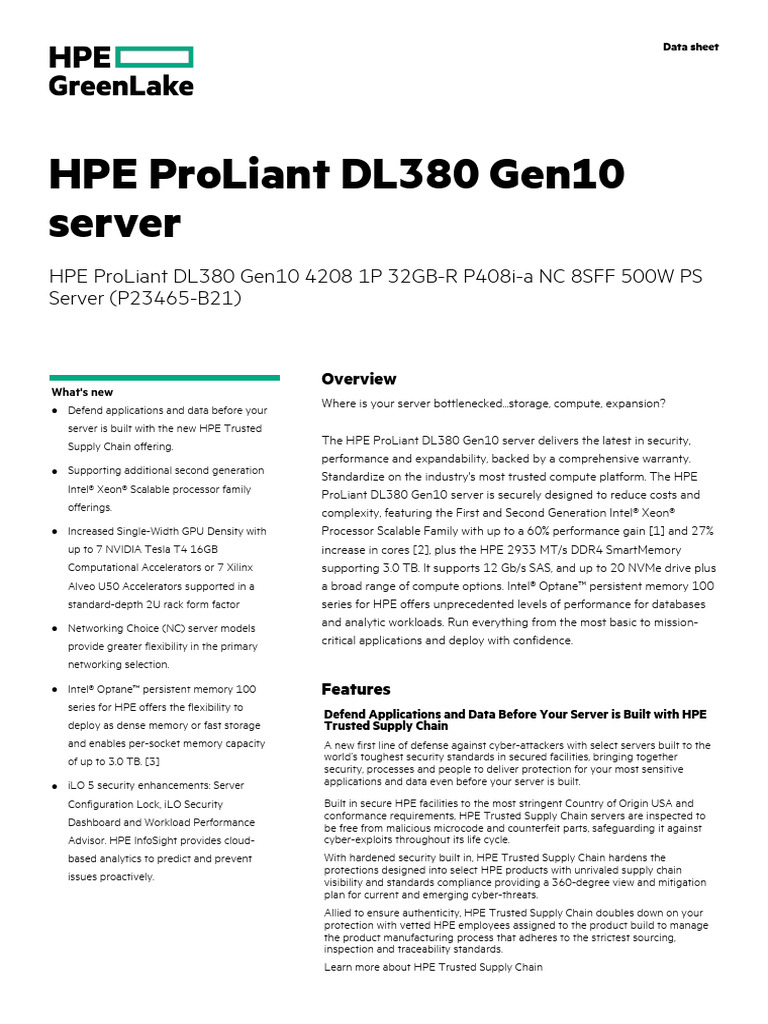Hpe proliant dl380 gen10 4208 1p 32gb r p408i a nc 8sff 500w ps server