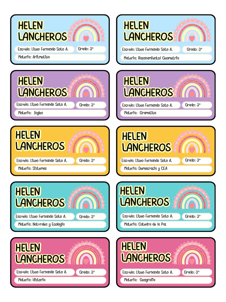 Etiquetas Escolares Arcoiris Ilustrado Infantil Rosa | PDF