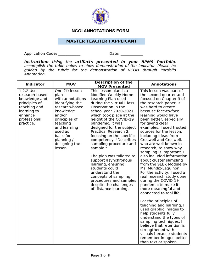 MTI-NCOI Annotations Form | PDF | Learning | Annotation