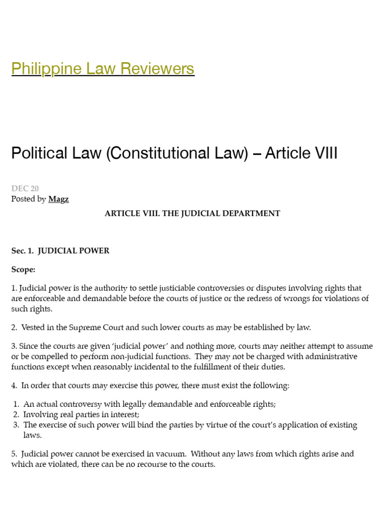 Political Law (Constitutional Law) - Article VIII - Philippine Law ...