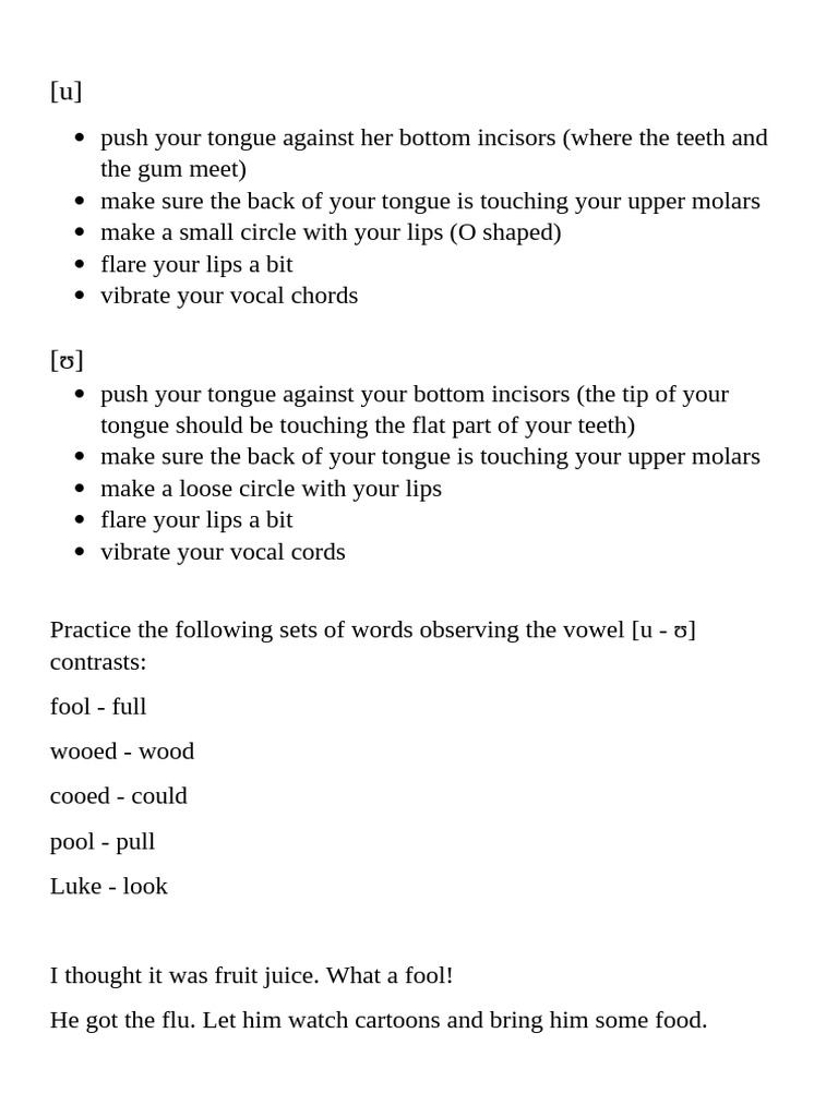 Mastering Vowel Sounds [u] and [ʊ] | PDF