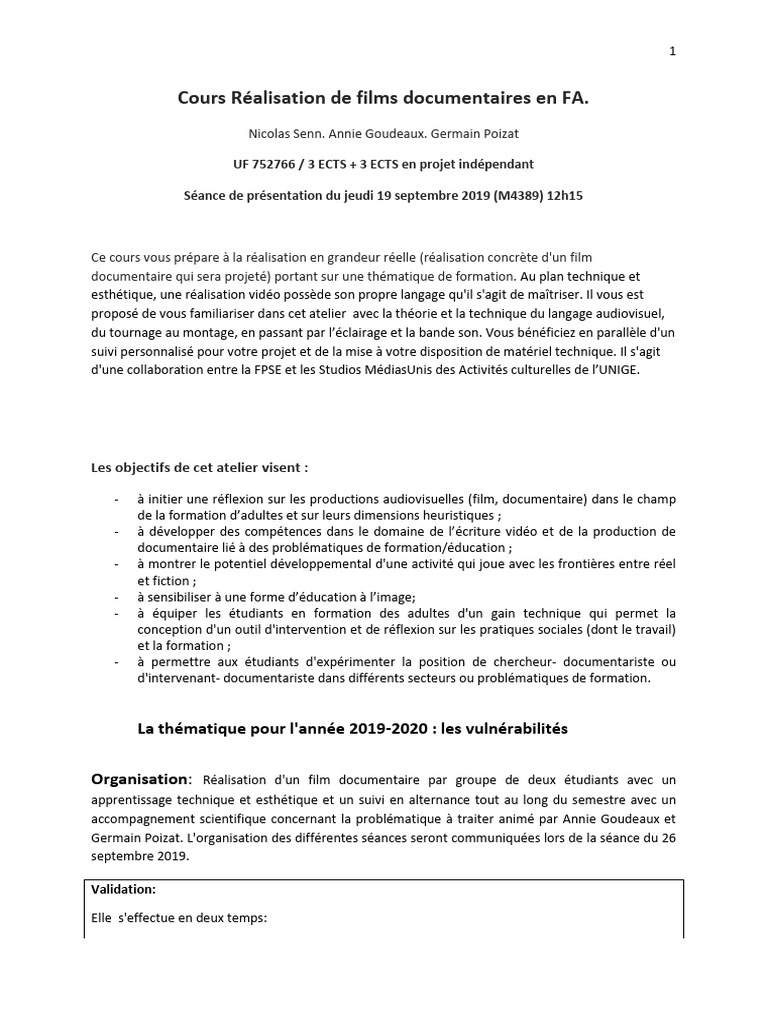 Atelier de réalisation documentaire 2019-2020 | PDF | Réalisation de films