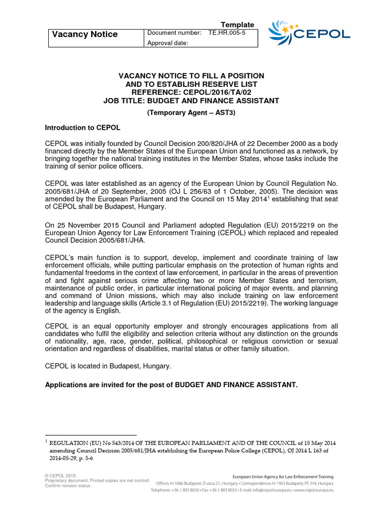 Budget Finance Assistant Vacancy Notice | PDF | European Union | Justice