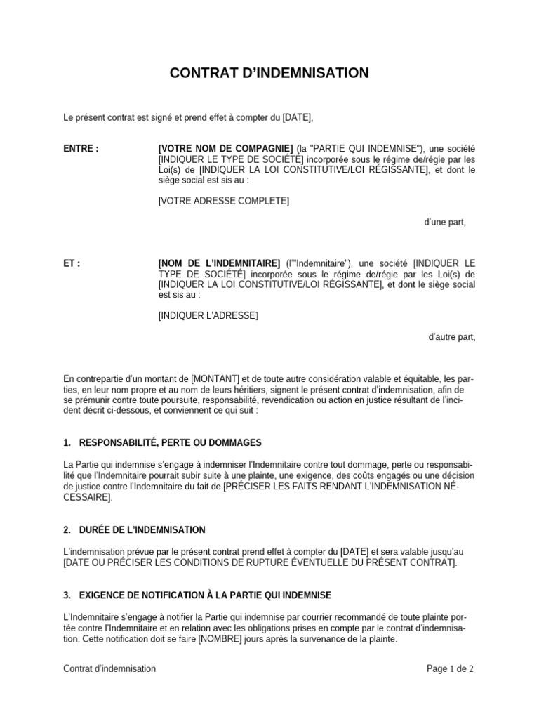 Contrat d'Indemnisation Standardisé | PDF