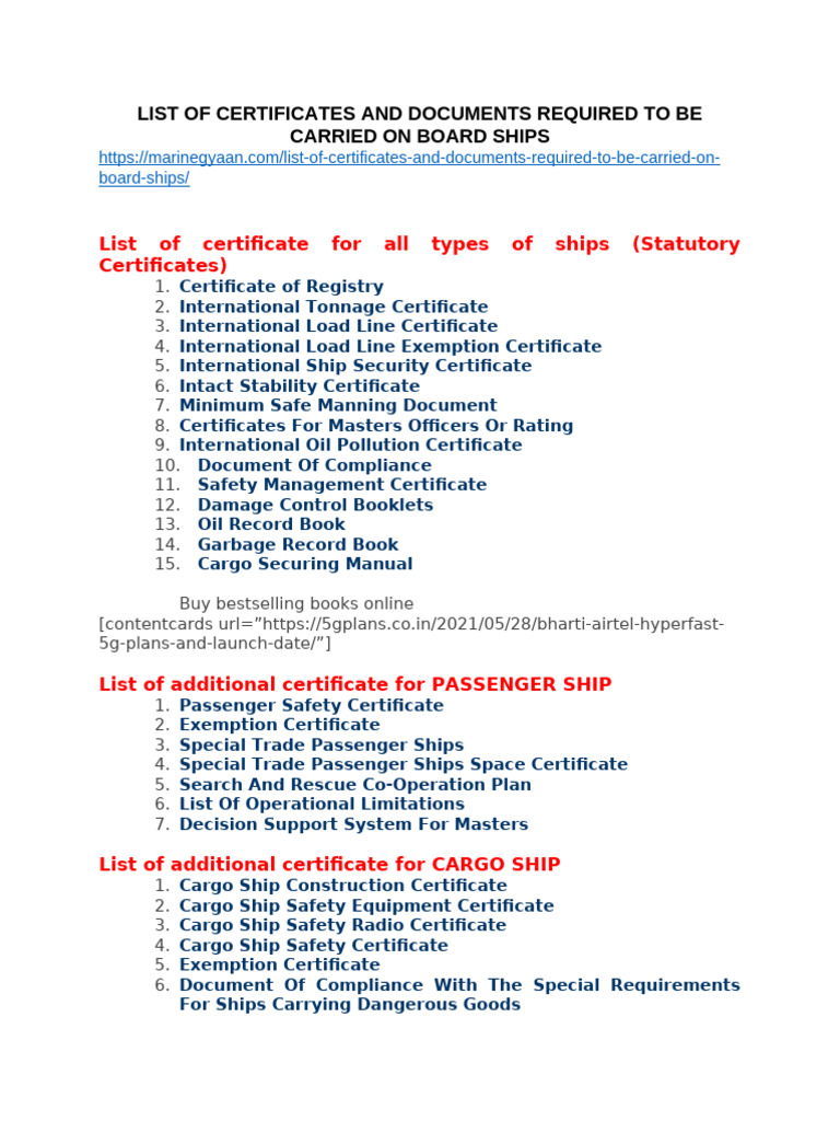 List of Certificates and Documents Required To Be Carried On Board ...