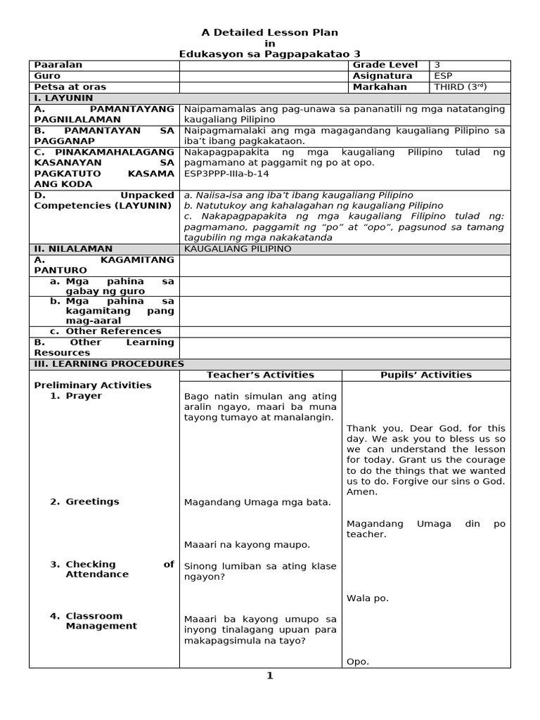 A Detailed Lesson Plan in Edukasyon Sa Pagpapakatao 3 PDF