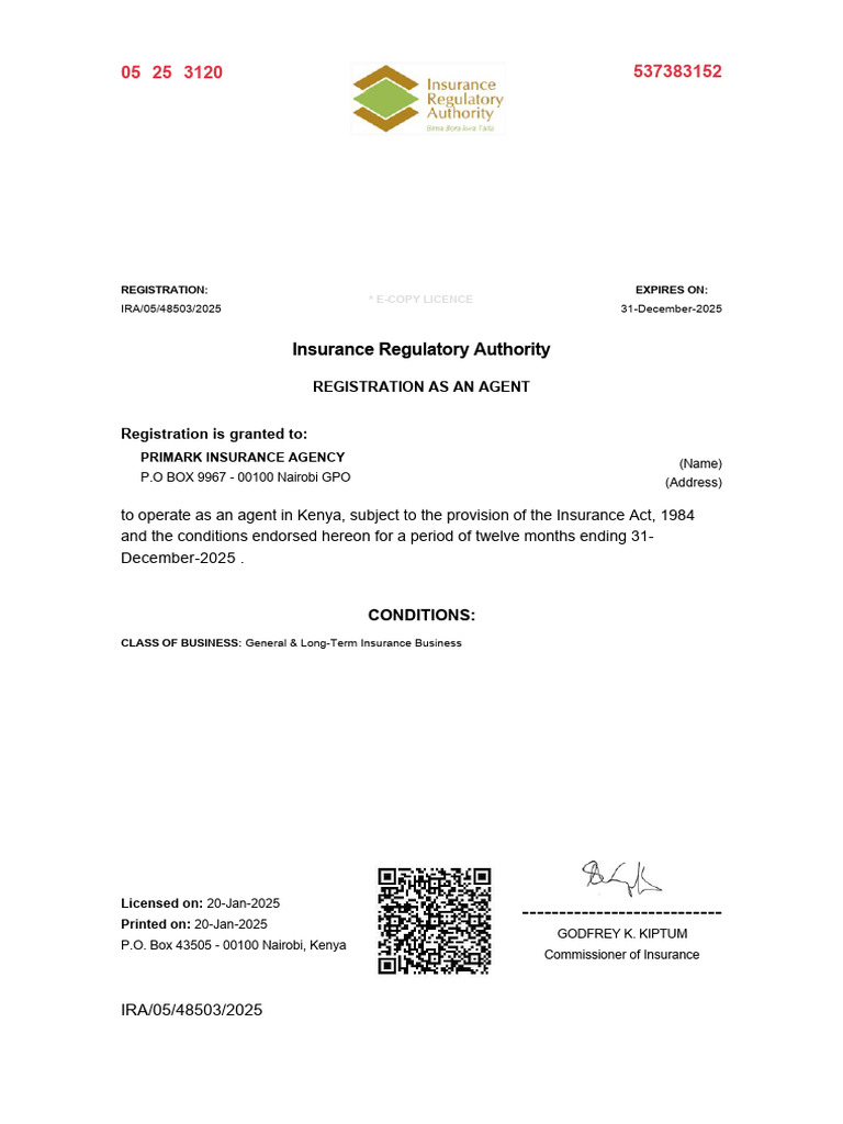IRA License for Primark Insurance 2025 | PDF