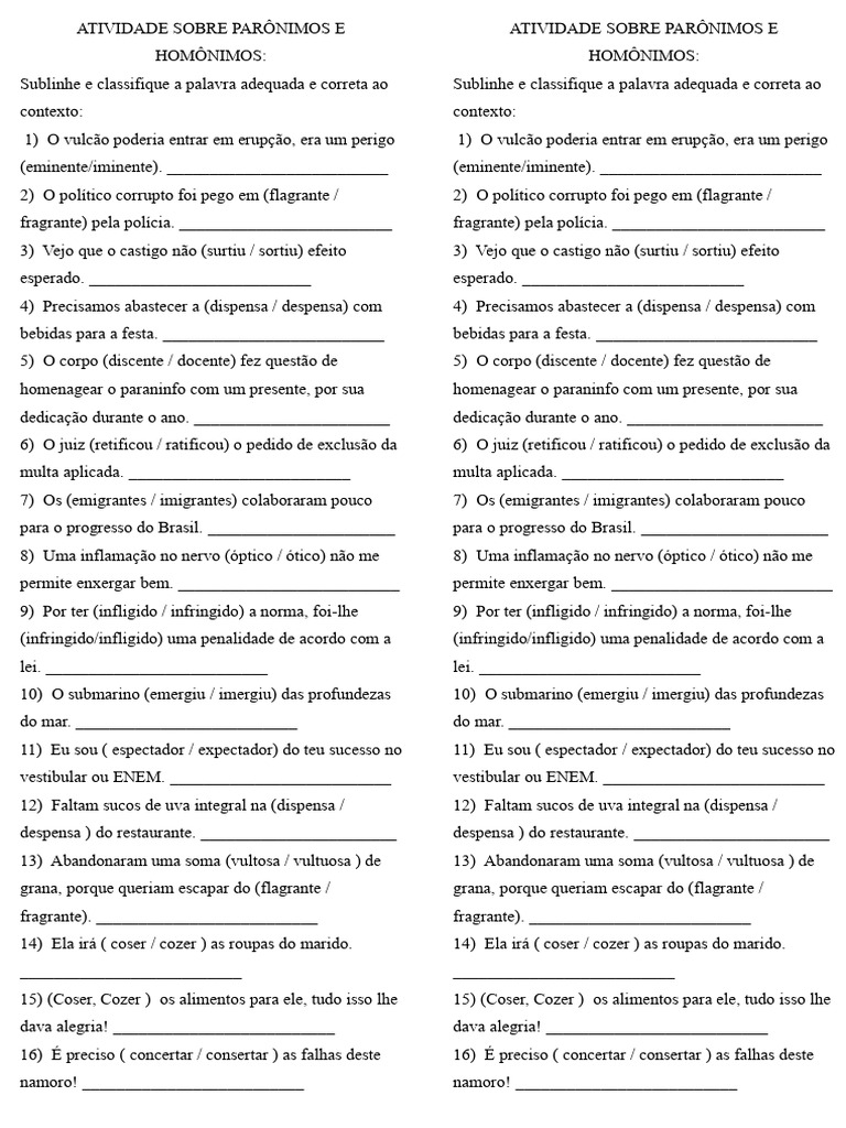 Atividade de Parônimos e Homônimos | PDF