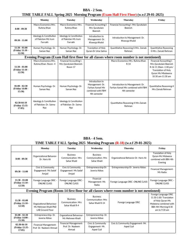 BBA Fall Spring 2025 Timetable | PDF | Business | Economies
